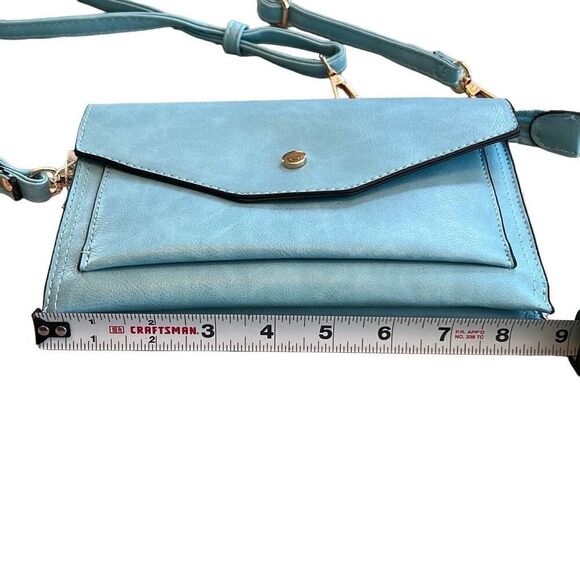 Isabelle Vegan Women's Blue Leather Envelope Pocket Cross Body Handbag Size 9” - Picture 1 of 8